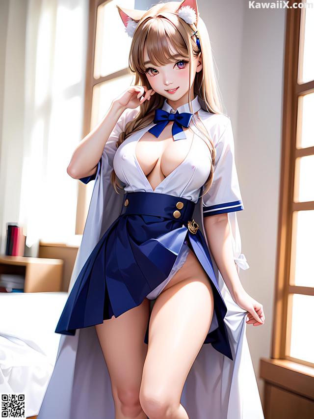 A woman in a blue and white uniform is posing for a picture.