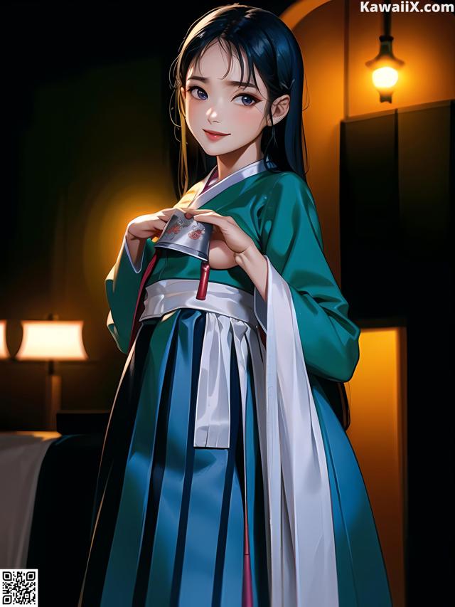 A woman in a blue and white kimono holding a cup.