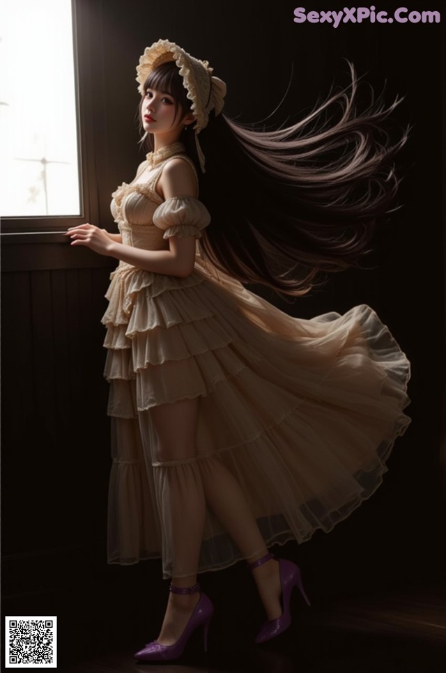 A woman in a dress and hat standing by a window.