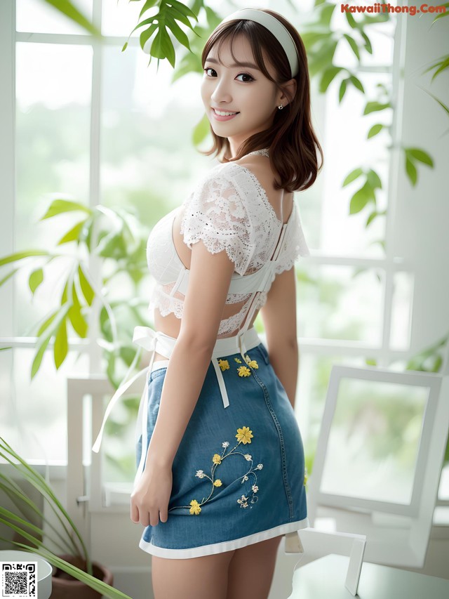 A woman in a white top and blue skirt posing for a picture.