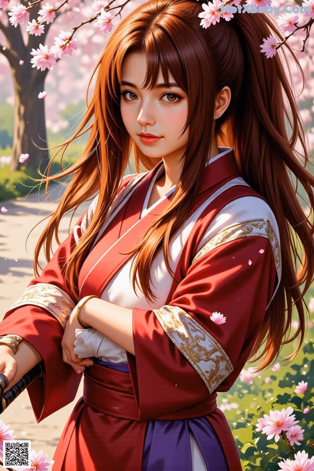 Woman in traditional red and white attire with cherry blossoms.